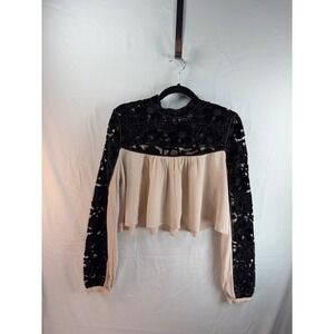 Velvet Lace Free People Crop Top Long Sleeve Black Cream Boho Victorian Blouse